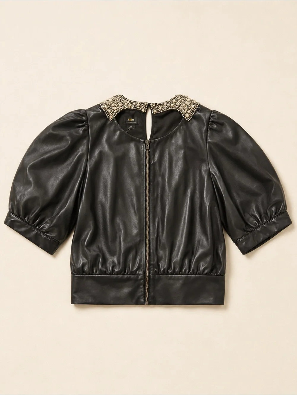Anthropologie Maeve Faux Leather Embellished Pearl Collar Puff Sleeve Top